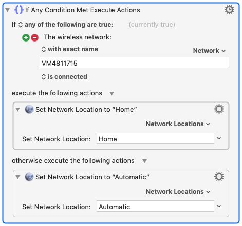 Screenshot of Keyboard Maestro showing a profile to switch between network locations