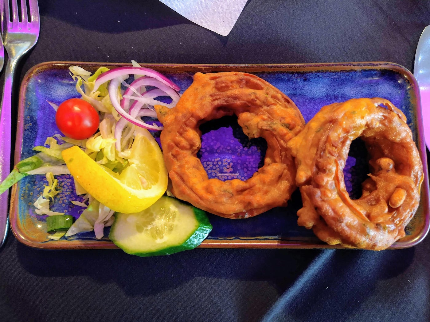 The ring-shaped onion bhajis from Aagrah, with side salad.