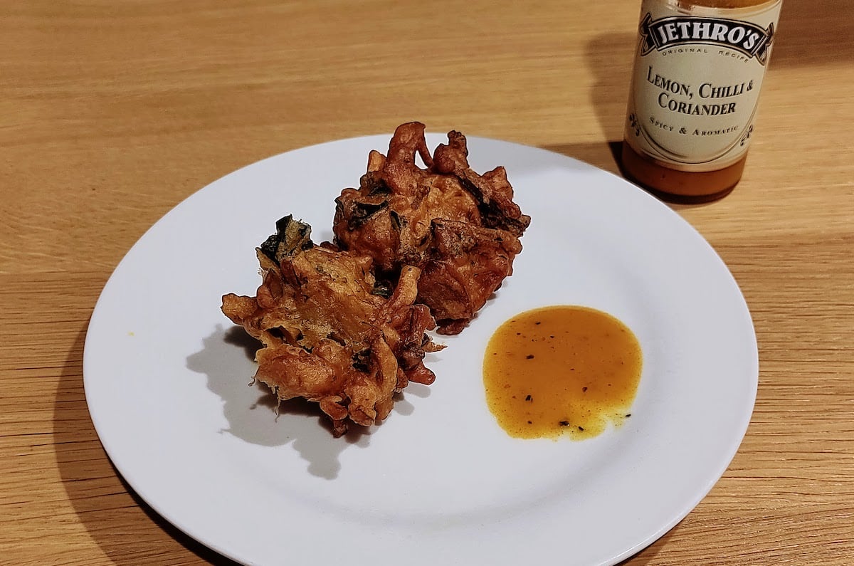 Onion bhajis from Mama Mia in Leicester, with Jethro's lemon and chilli sauce.